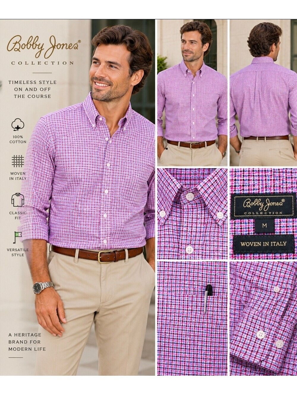 Bobby Jones Collection Men’s M Pink Blue Check Button Down Shirt Woven Italy